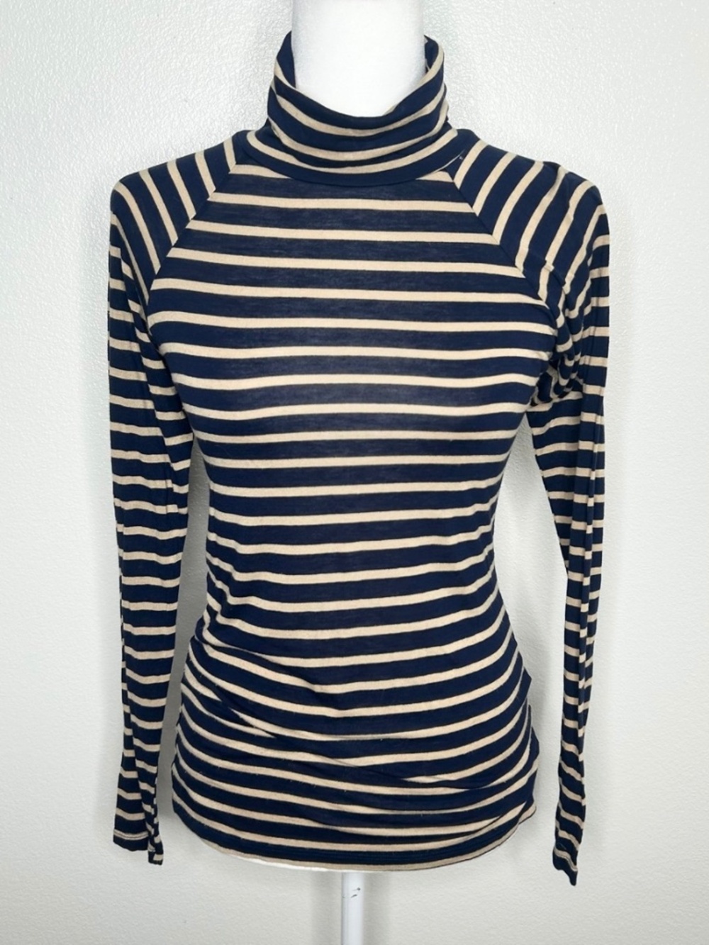 ZARA Womens Navy & Beige Striped Turtleneck Long Sleeve Knit Top Size S EUC